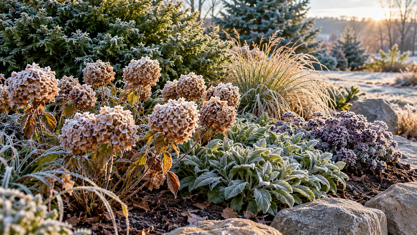 A frosty morning garden bed with hardy perennials coated in frost next to green evergreens, low sun