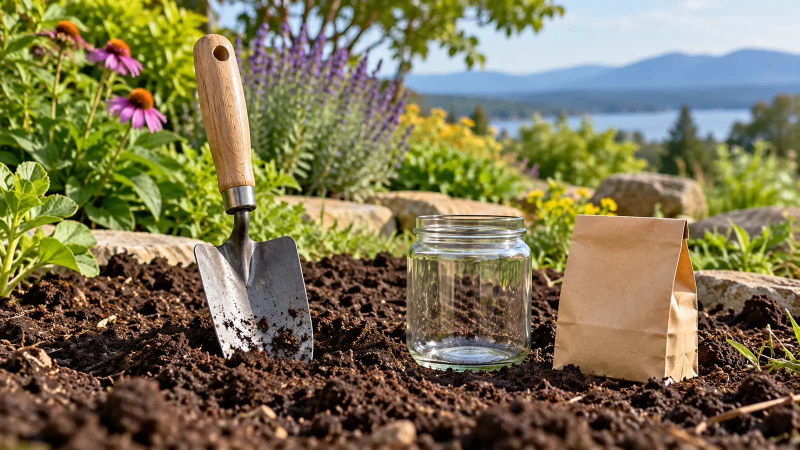 A garden trowel standing in freshly dug dark soil, a clean empty jar and a small plain paper bag beside it